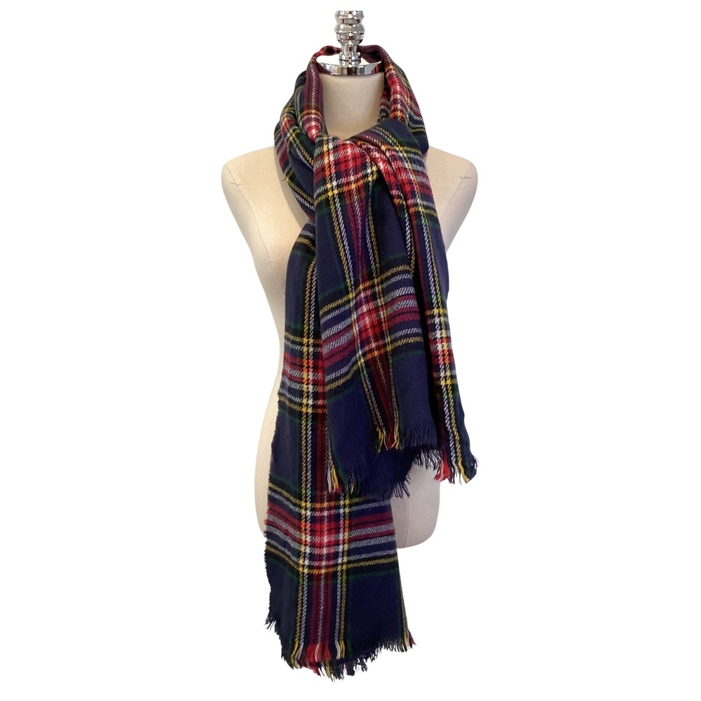 Womens Navy‎ Blue Red Plaid Tartan Fringe Blanket Scarf 31" x 80" - NWOT